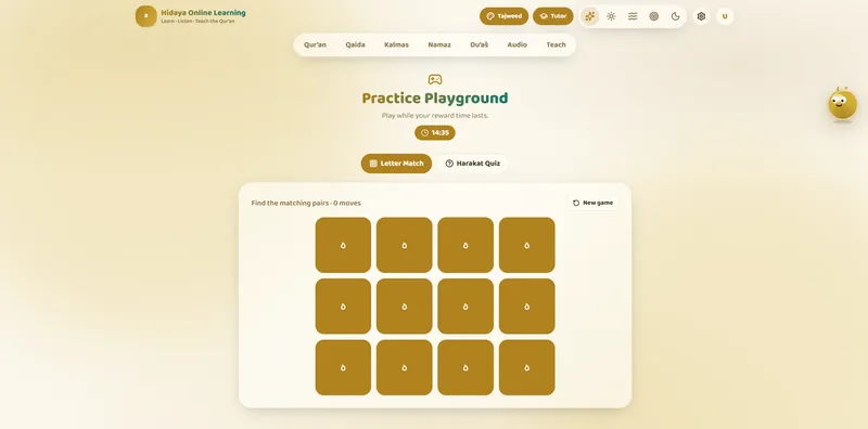 Learning games for children in the Hidaya learning portal: letter match and harakat quiz