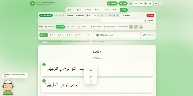 A live one-to-one Quran class in the Hidaya learning portal, with the tutor highlighting letters
