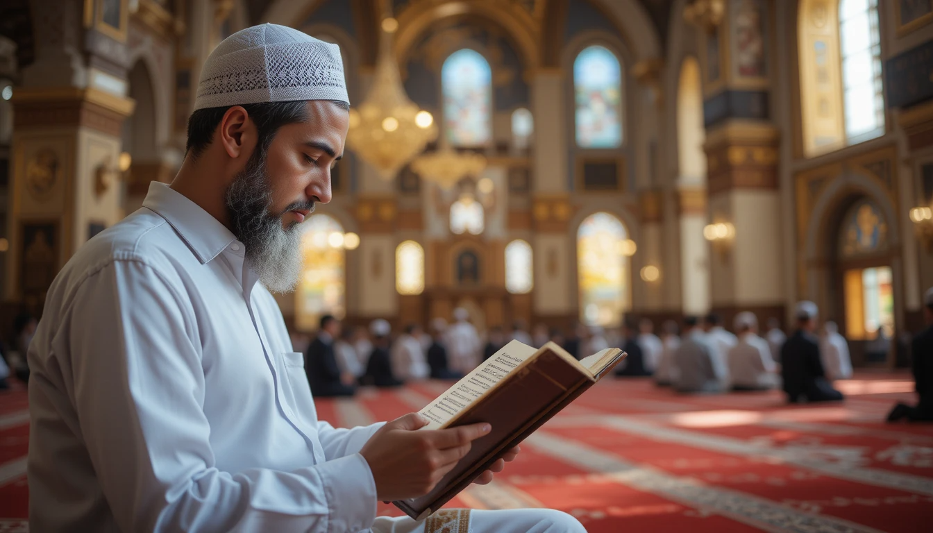 Muslim man reading on tab in mosque